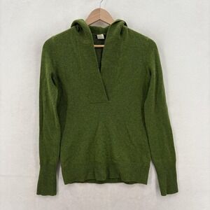 J.CREW Sweater Womens XS Green Wool Cashmere Hooded V Neck Knit Pullover Cozy